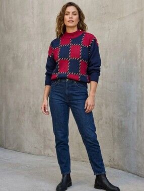 Vintage 80s Anne Klein Sadimara Block Argyle Knit Sweater Cotton Blend L